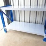 blue and white shelving unit