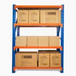 metal shelving with boxes