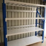 white and blue shelving unit