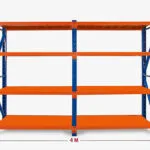 large shelf with blue beams and orange shelves