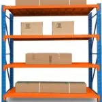 orange-blue metal shelf with boxes