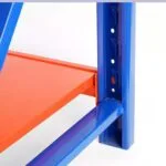 close-up of blue support and orange shelf