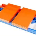 orange and blue metal panels