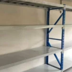 blue and white metal shelving