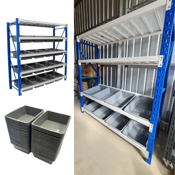 shelving unit with gray storage bins